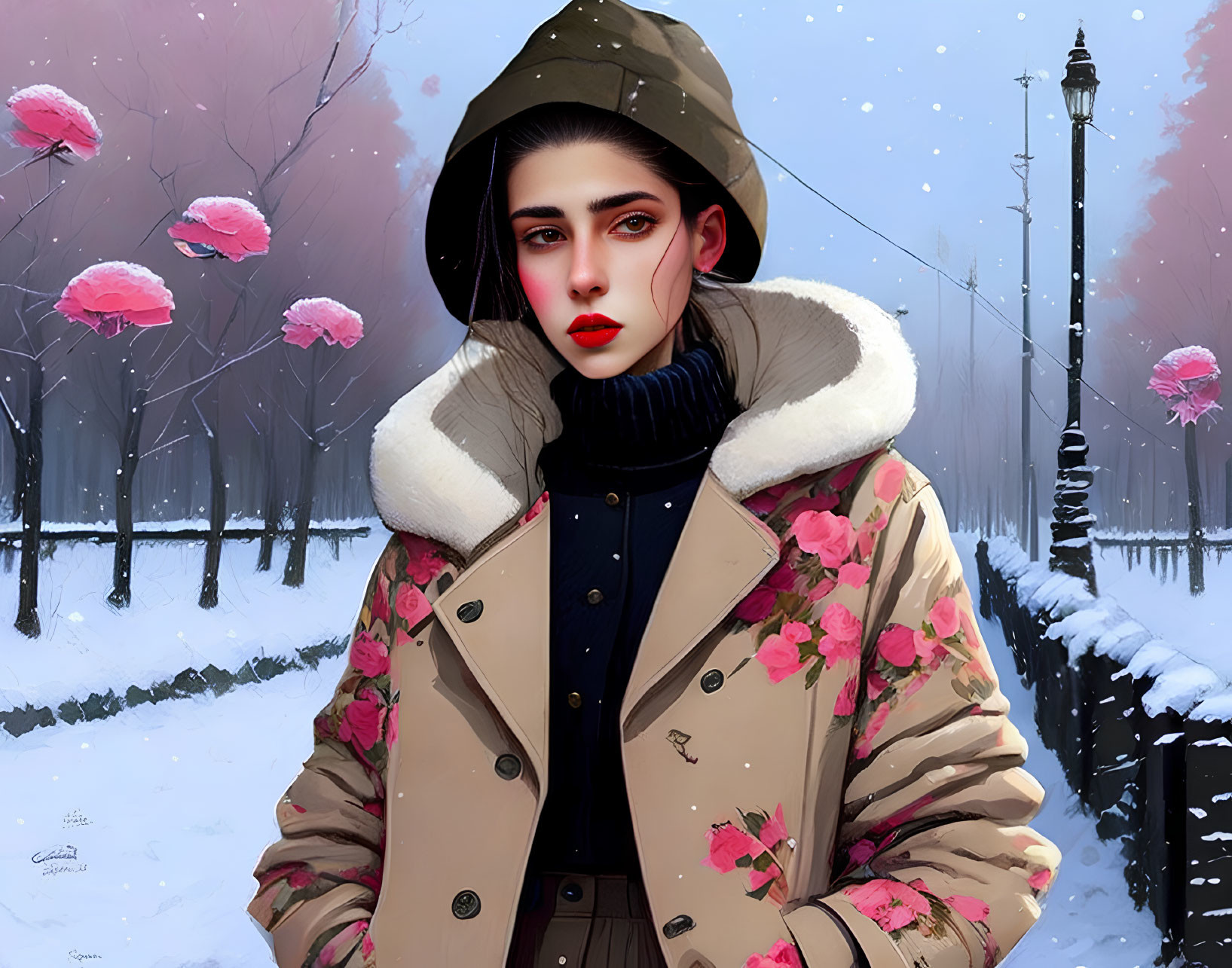 Digital artwork: Woman in floral coat on snowy street