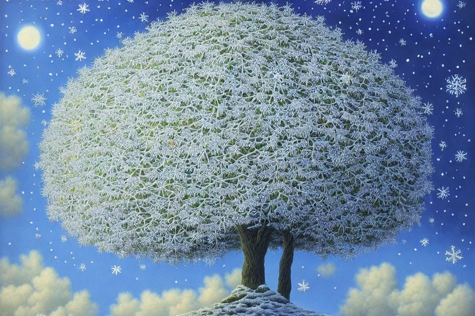 Surreal painting of giant snow-covered tree under starry sky