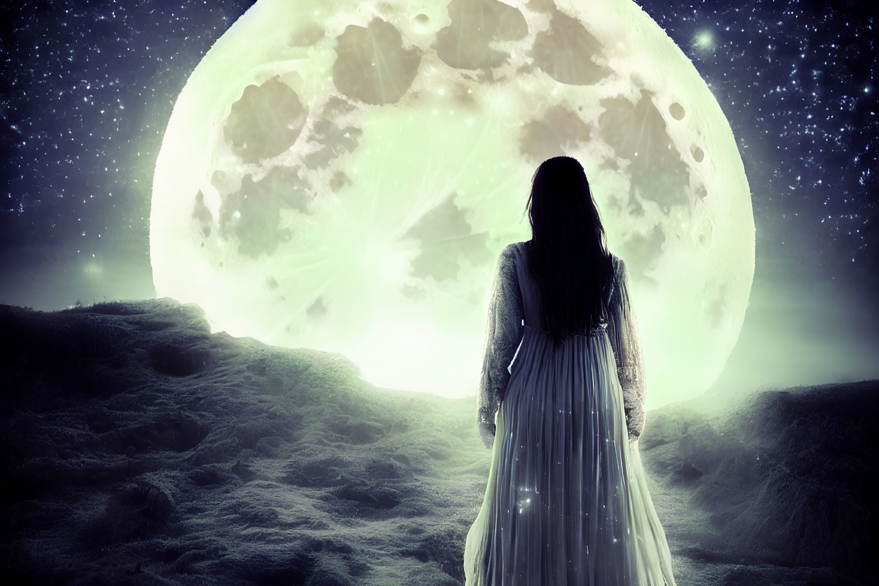 Woman in white dress on moon-like surface under vivid moon.