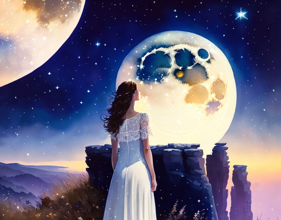 Woman in white dress gazes at large moon on cliff at night