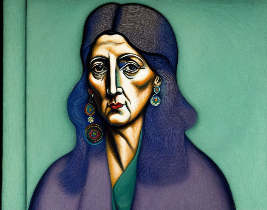 Solemn woman with dark hair and large eyes against green background