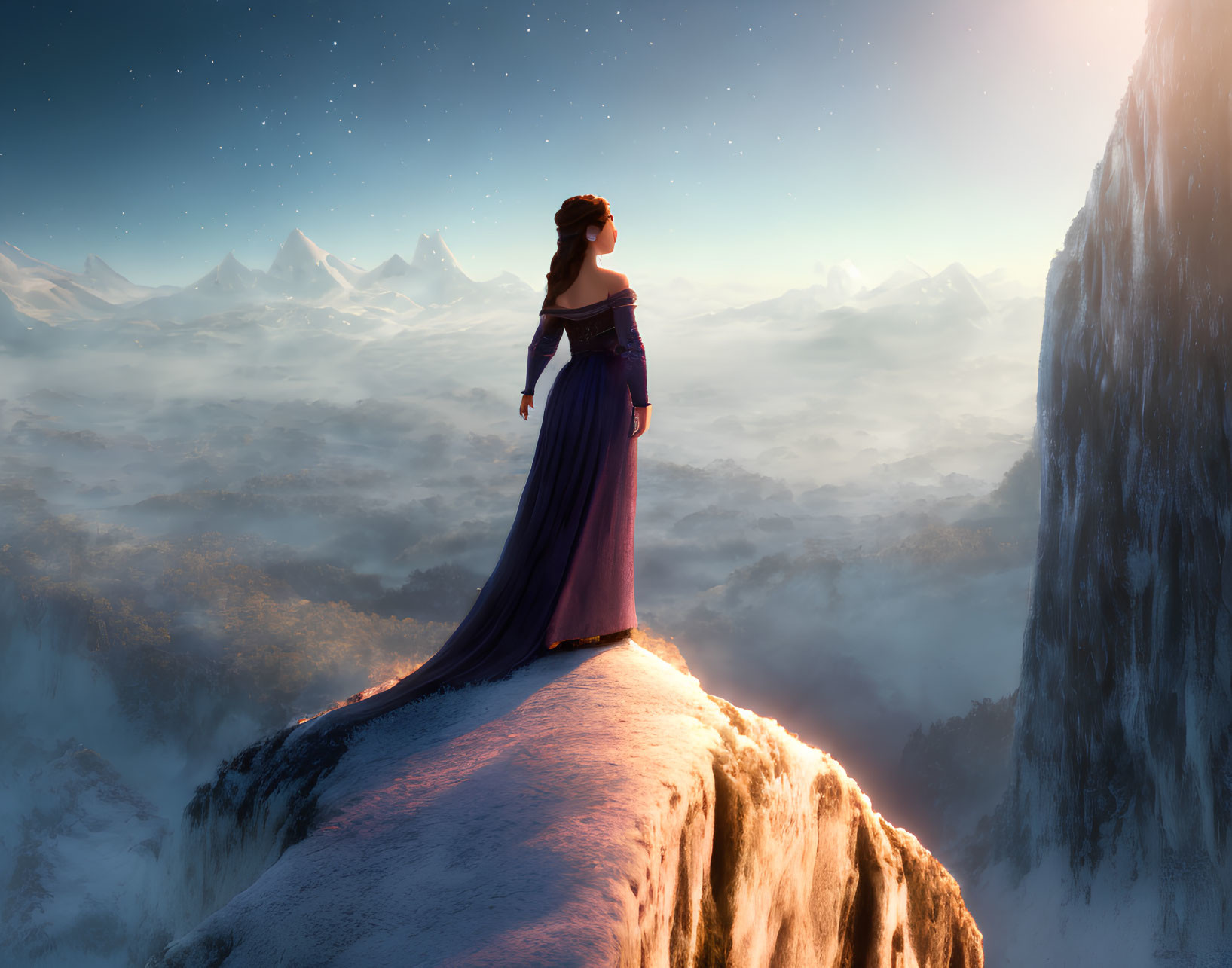 Woman in flowing purple dress on snowy cliff with mountain landscape under starry sky