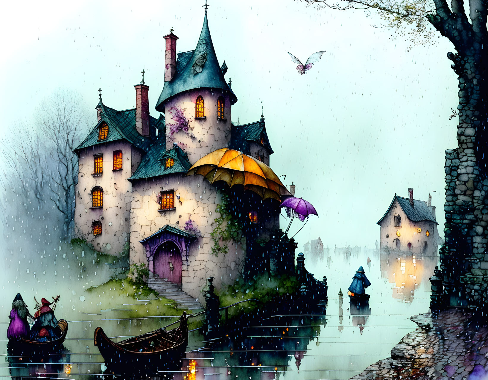 Whimsical castle by rain-kissed river with boats and umbrellas