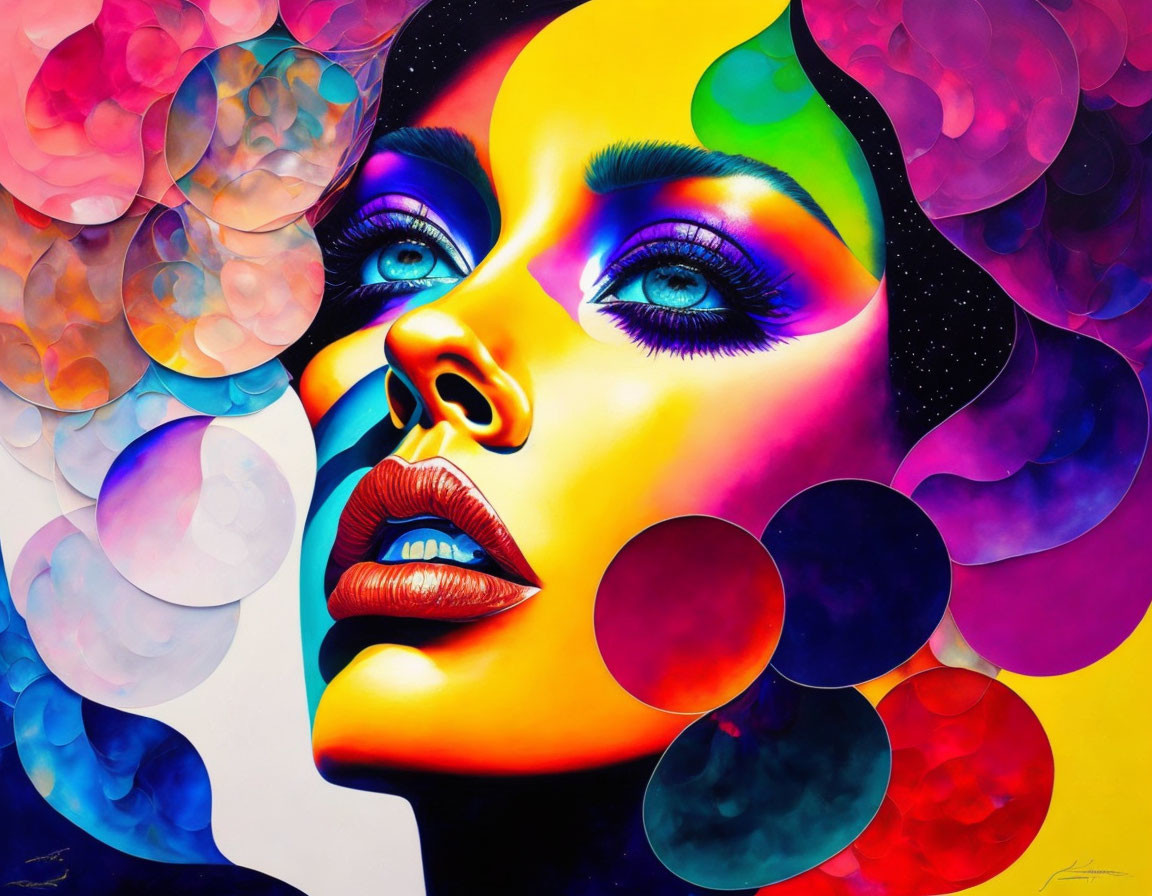 Vibrant makeup portrait with multicolored circles on starry backdrop