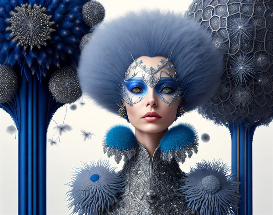 Elaborate Blue and Silver Headgear on Woman in Surreal Portrait