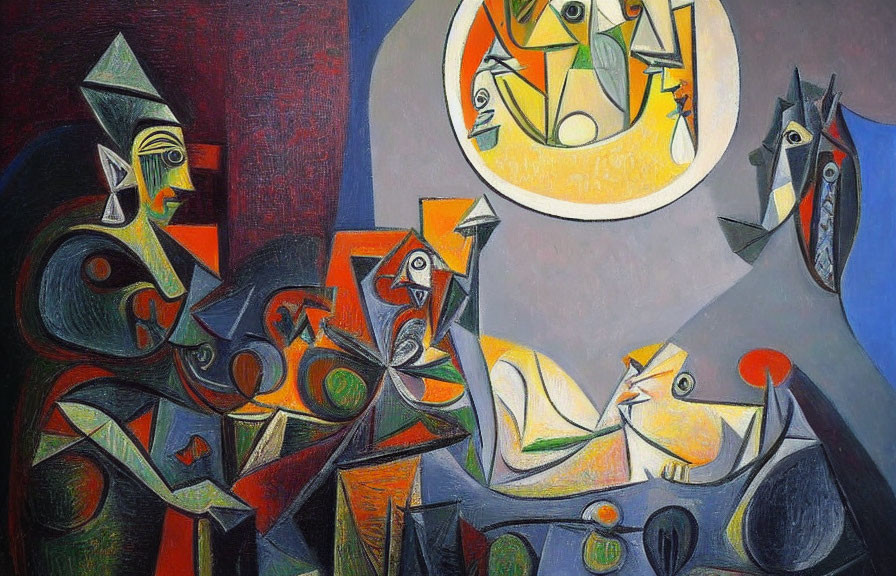 Cubist painting with geometric shapes and figures in blues, reds, yellows, and greens