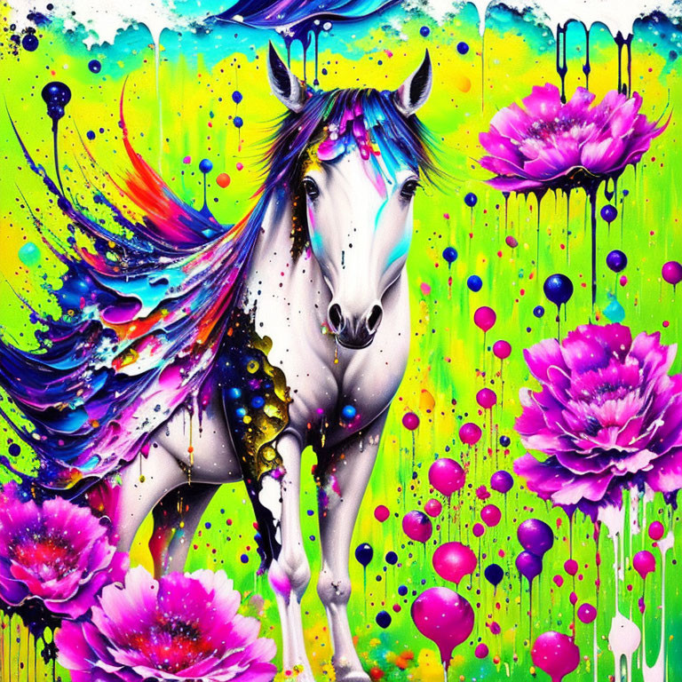 Colorful Unicorn Artwork Surrounded by Vibrant Flowers