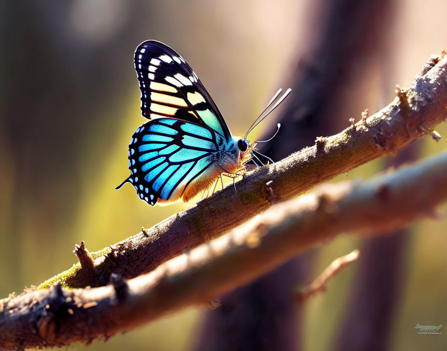 Blue and Black Butterfly Perched on Branch with Sunlight Filtering Through Wings