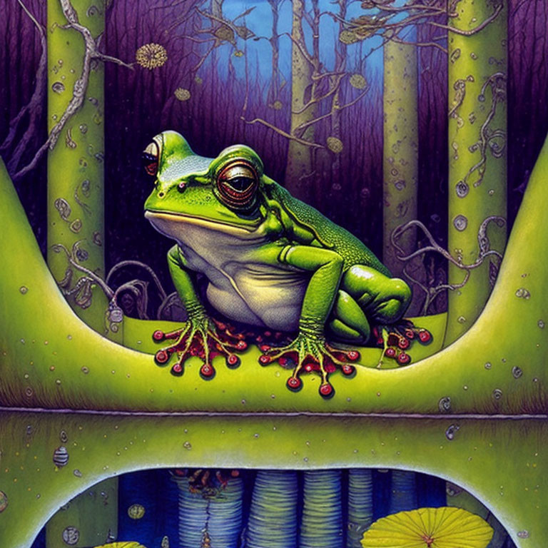 Green Frog on Leaf in Enchanting Forest with Dandelions and Water Lilies