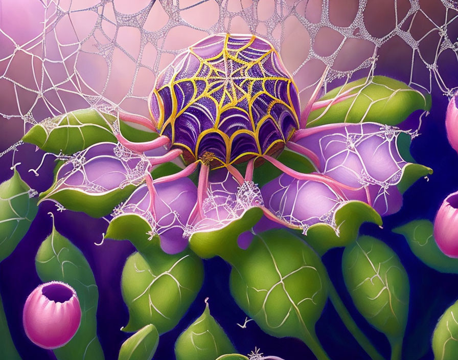 Colorful fantasy illustration of spider web entwined with foliage