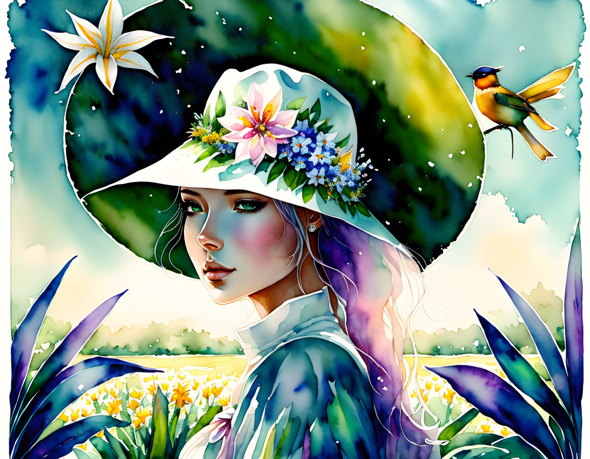 Illustrated Woman in Floral Hat Surrounded by Bird and Nature