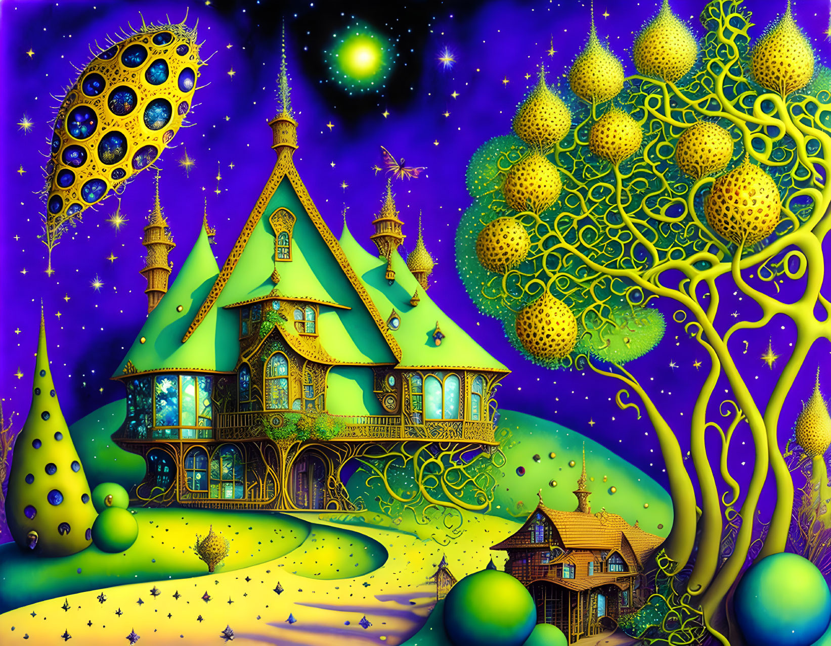 Fantasy landscape with starry sky, whimsical trees, and fairy-tale houses