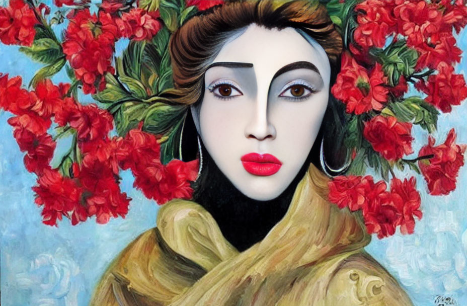 Stylized woman with large eyes and red lips among red flowers on blue background