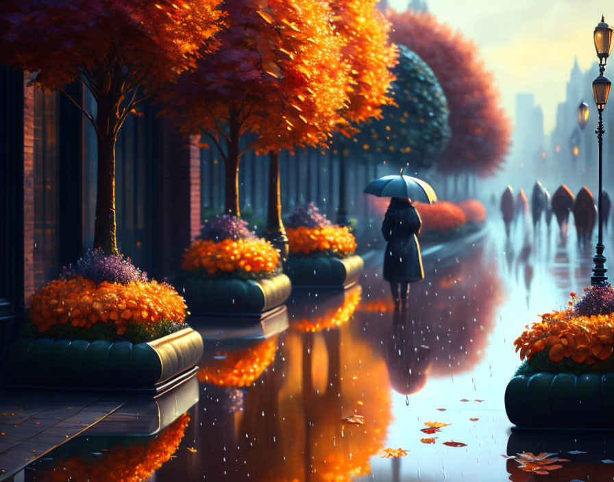 Person with umbrella walking on wet street lined with autumn trees and street lamps in serene rainfall