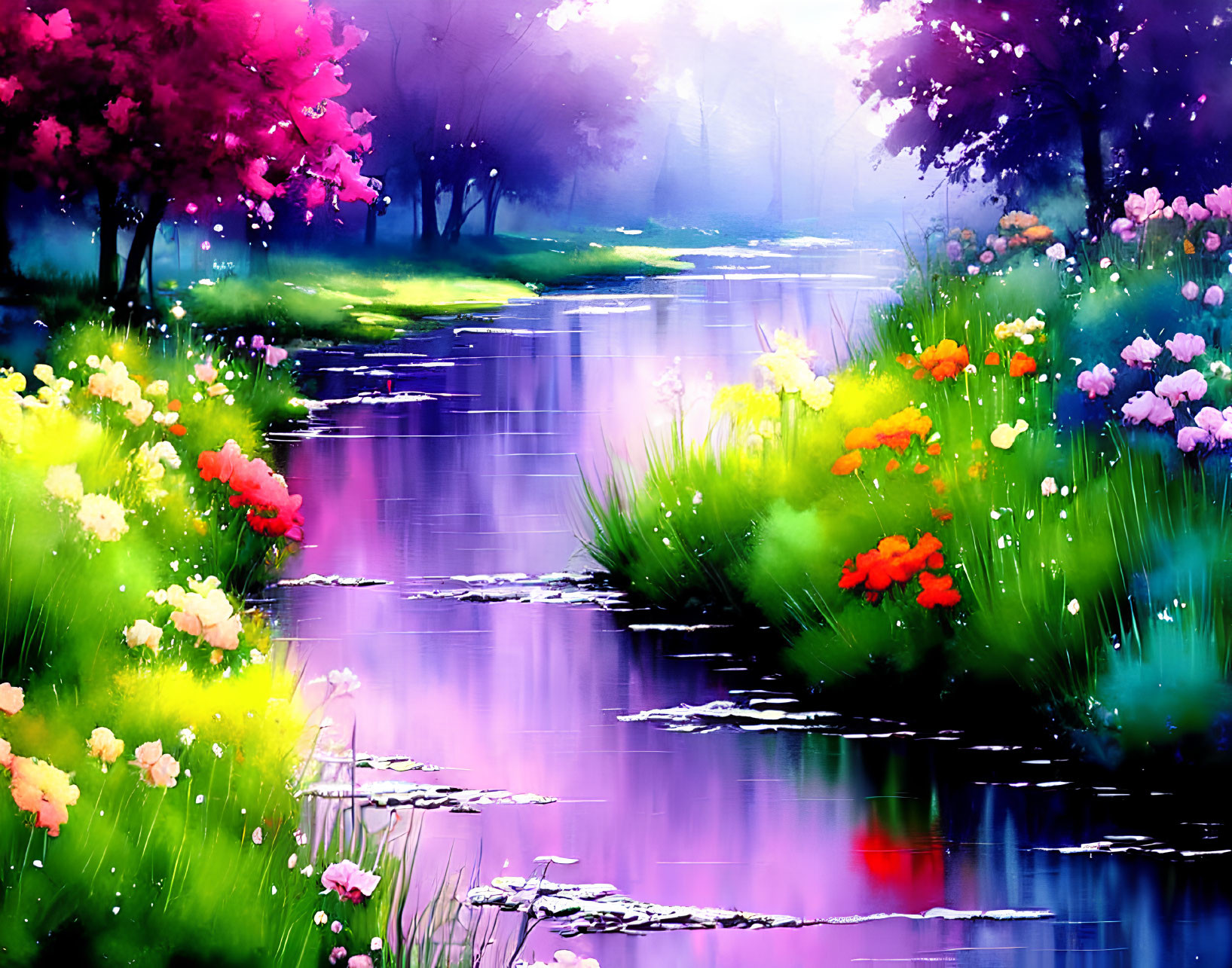 Colorful Stream with Blooming Flowers and Greenery in Misty Background