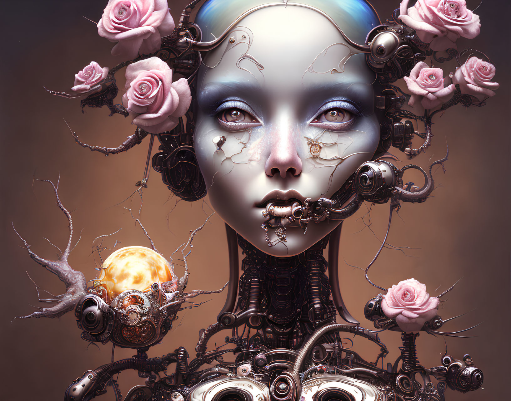 Robotic female figure with pink roses, mechanical parts, and glowing orb