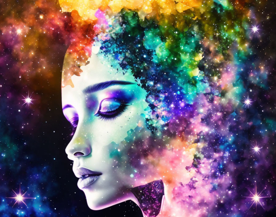 Woman's profile merged with colorful cosmic nebula creates ethereal effect.