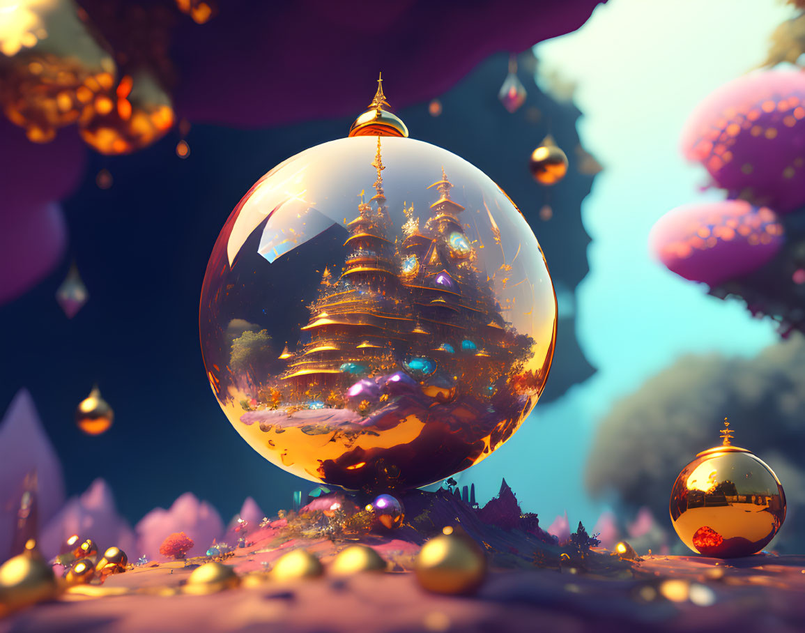 Fantastical golden domed structures in transparent orbs in dreamlike landscape