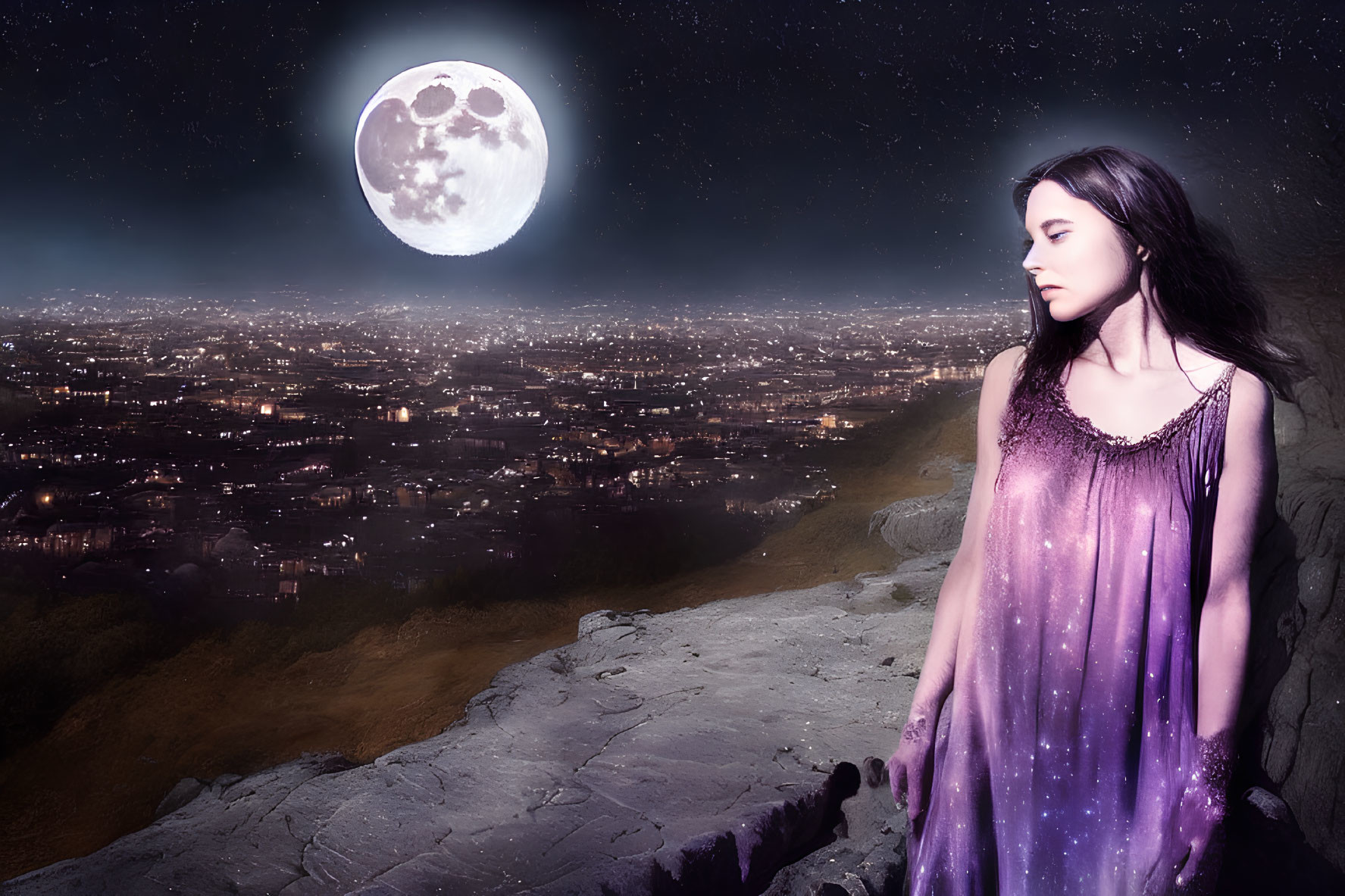 Woman in purple dress on cliff gazes at city under full moon