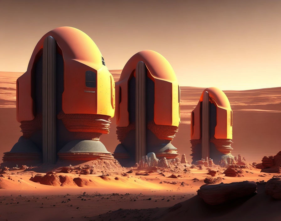 Orange Helmet-Shaped Structures in Desert Landscape on Mars