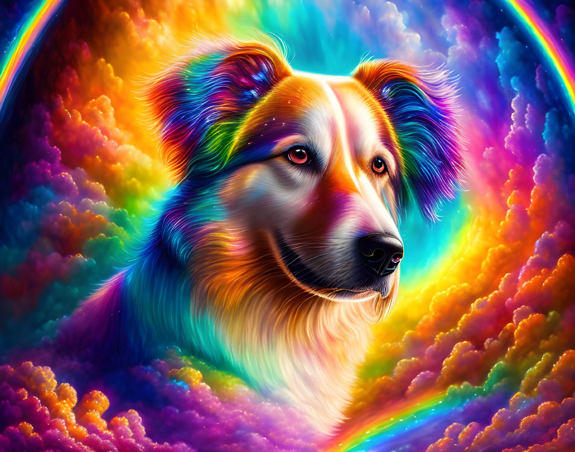 Colorful Digital Artwork Featuring Dog with Rainbow and Clouds