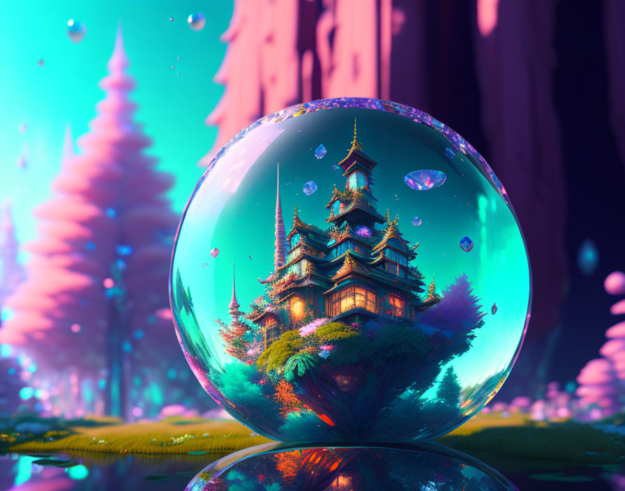 Colorful crystal ball on grass reflecting Asian-style pagoda in surreal forest landscape