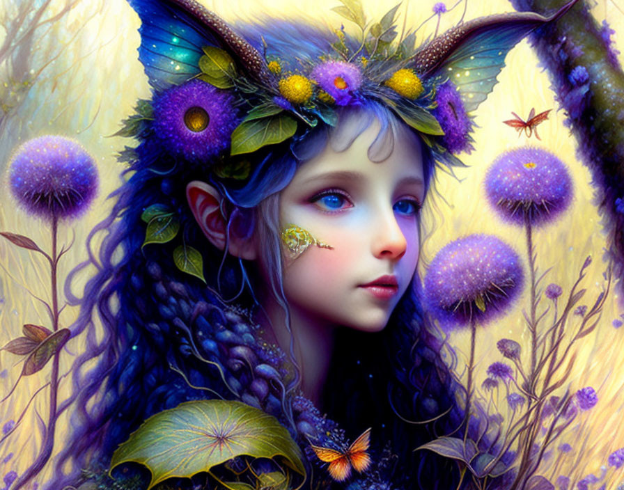 Portrait of young girl with blue eyes, butterfly wings, flowers, and enchanted forest.