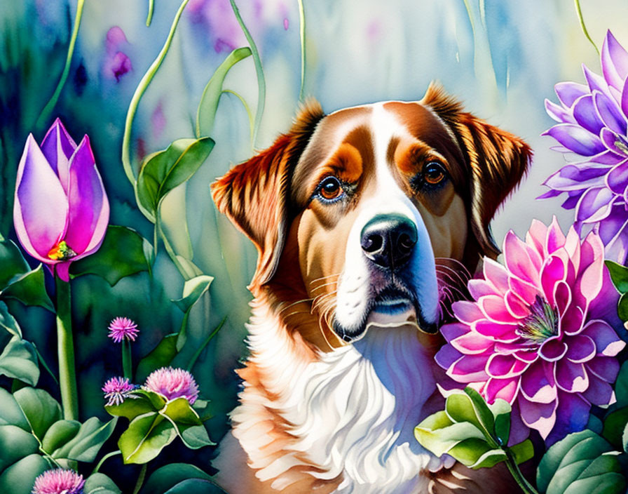 Vibrant painting of brown and white dog with flowers