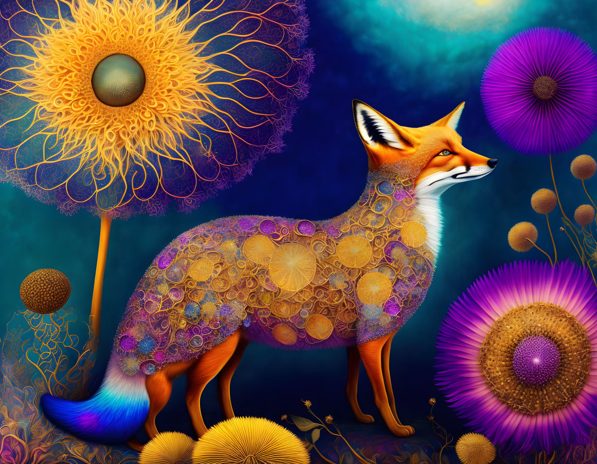 Colorful Stylized Fox Illustration Surrounded by Ornate Flowers