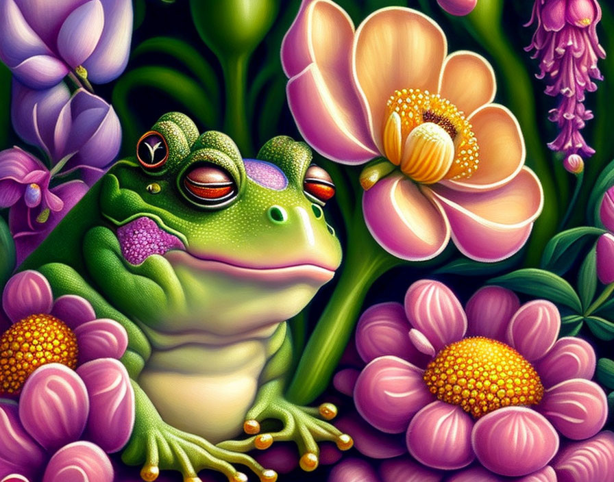 Detailed Illustration of Contented Frog in Vibrant Floral Setting