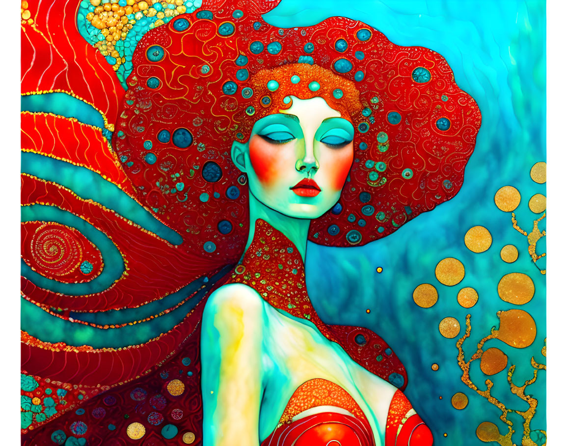 Stylized illustration: Woman with red ornate hair on aqua background