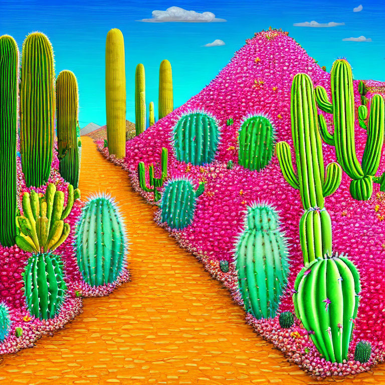 Colorful Cactus Landscape on Pink Hills with Yellow Brick Road