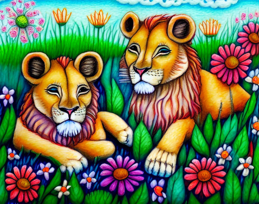 Lions in Colorful Flower Field with Blue Sky