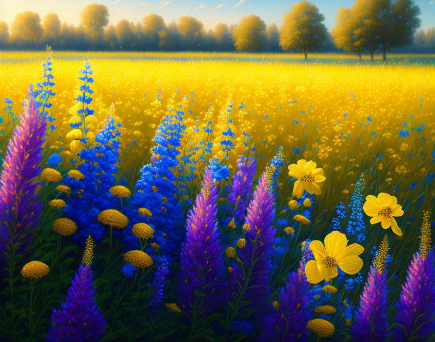 Yellow and Purple Flowers in Sunset Landscape