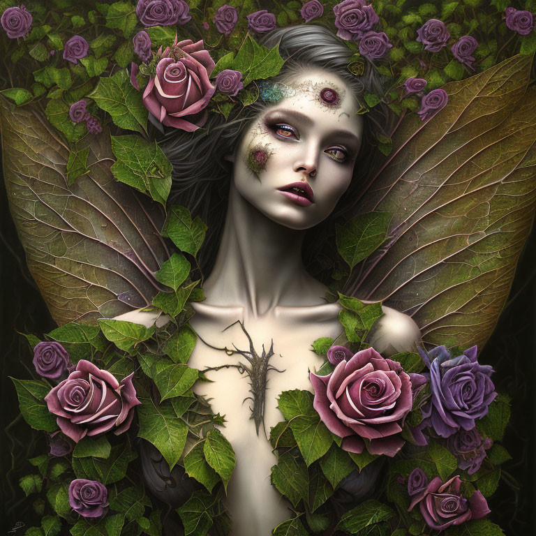 Fantasy illustration of a fae woman with leafy wings and purple roses