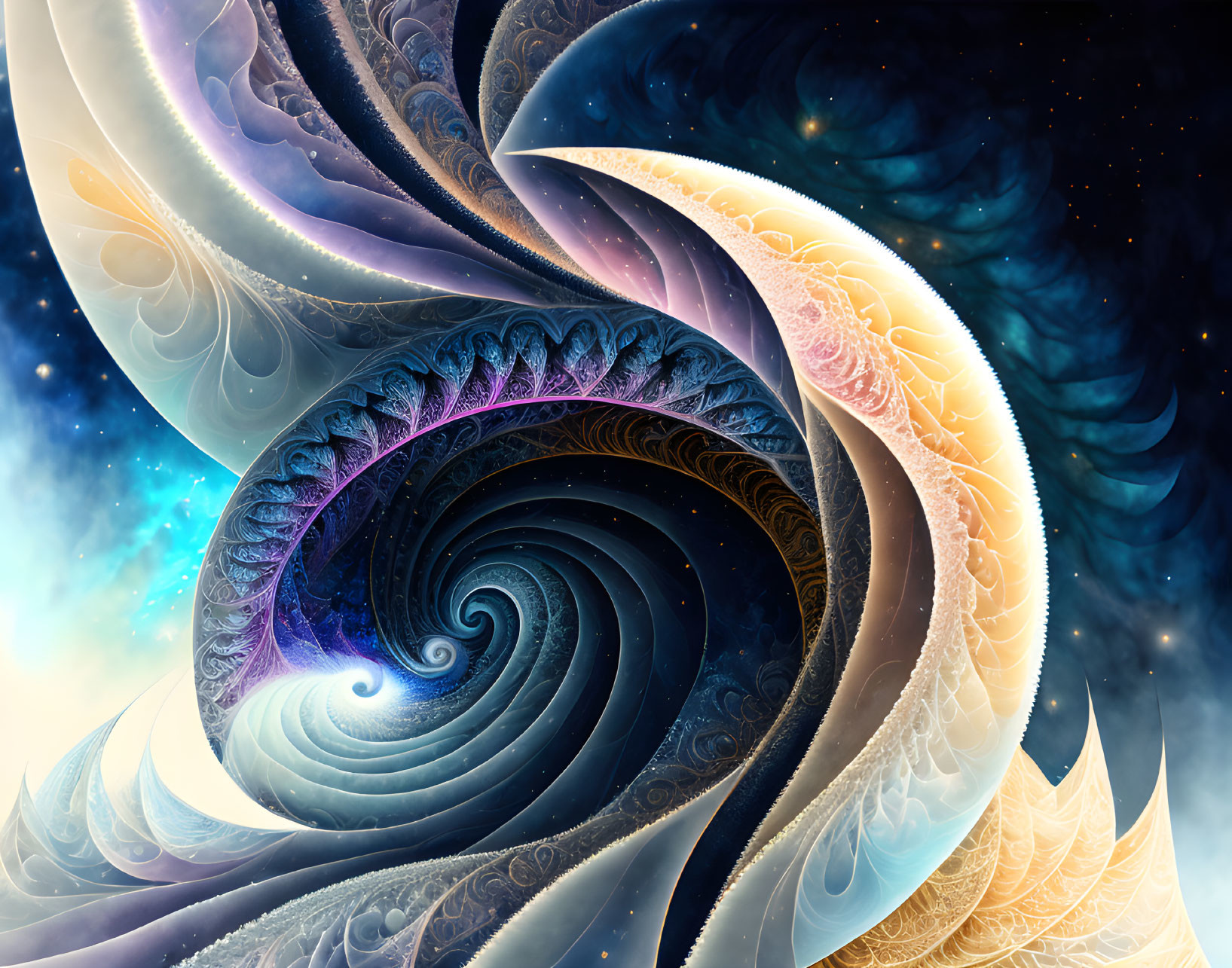 Vibrant blue and orange fractal spiral on starry space background