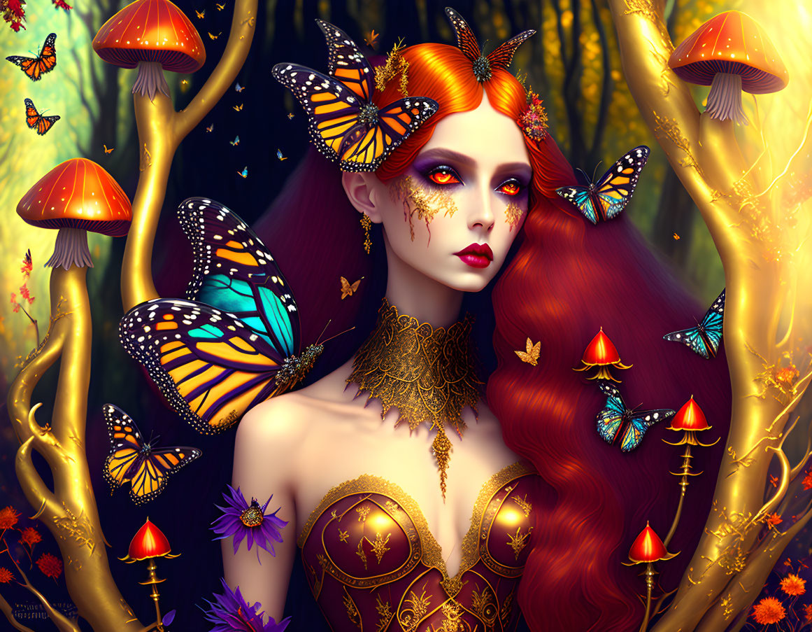 Red-haired woman surrounded by butterflies in mystical forest scene