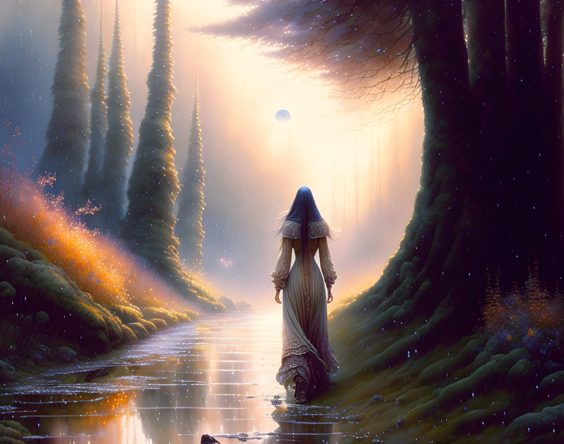 Person in long robe in mystical forest with towering trees and reflective water path