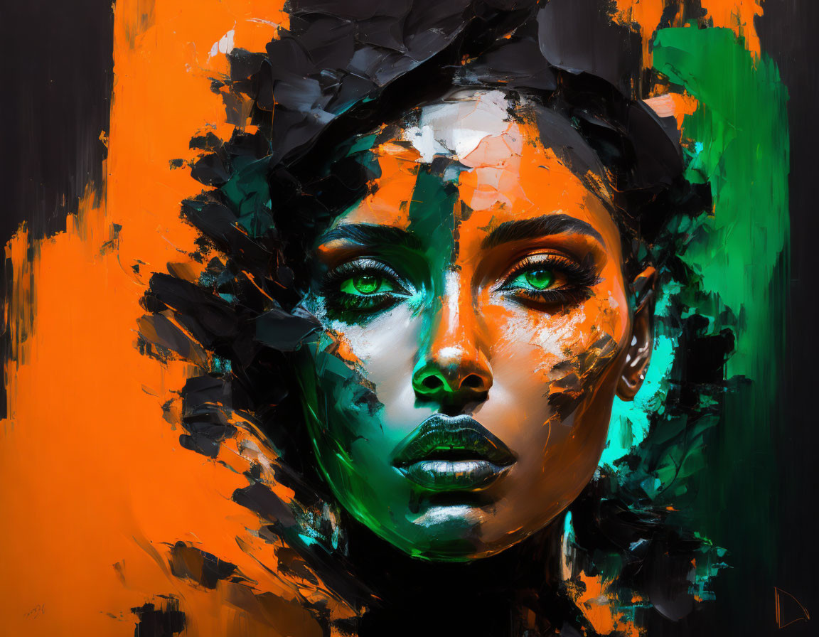 Colorful Abstract Portrait: Woman with Striking Green Eyes in Bold Orange and Black Strokes