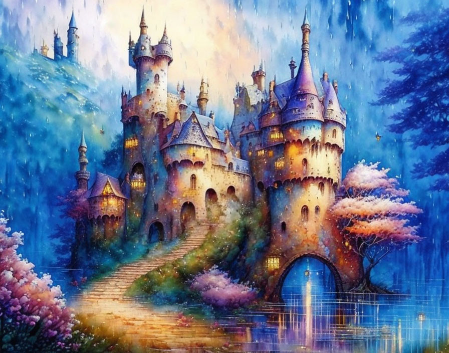 Fantasy painting of enchanting castle in mystical landscape