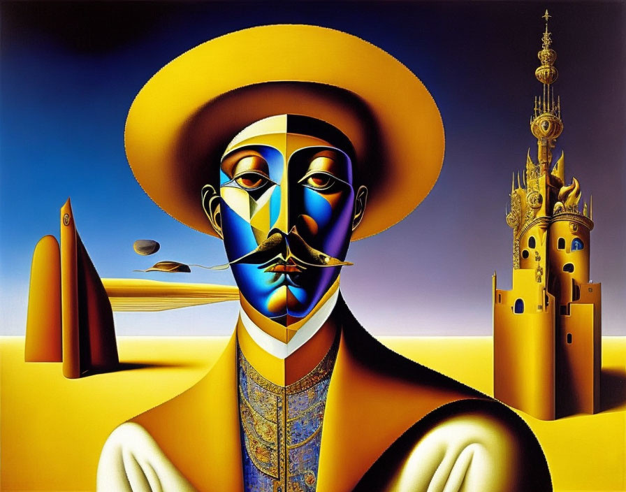 Split-Face Figure Portrait with Golden Hat and Futuristic Background