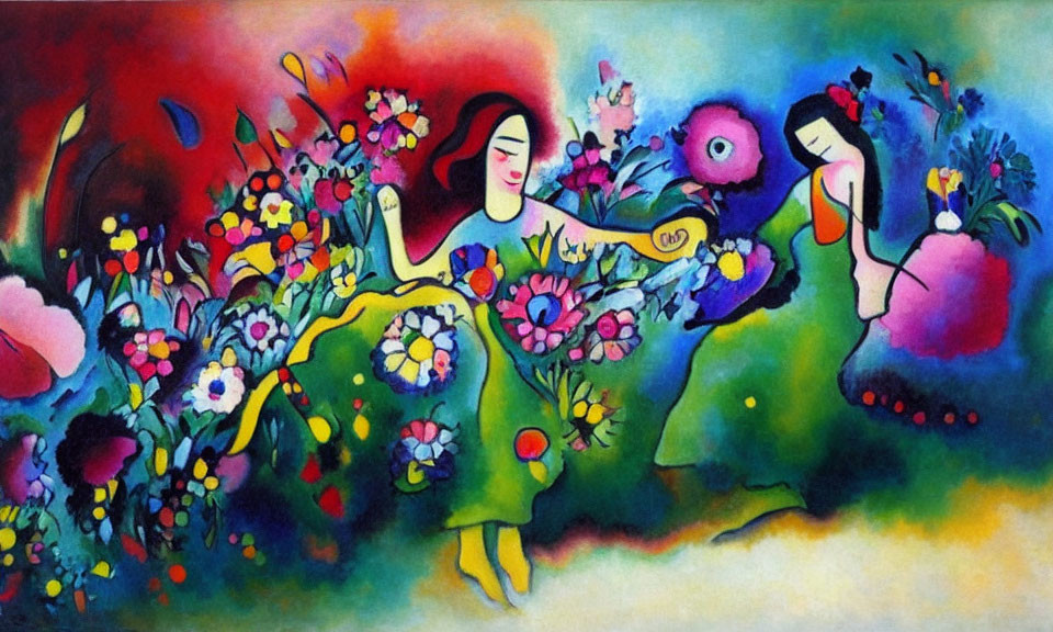 Vibrant painting featuring two stylized women and colorful flowers