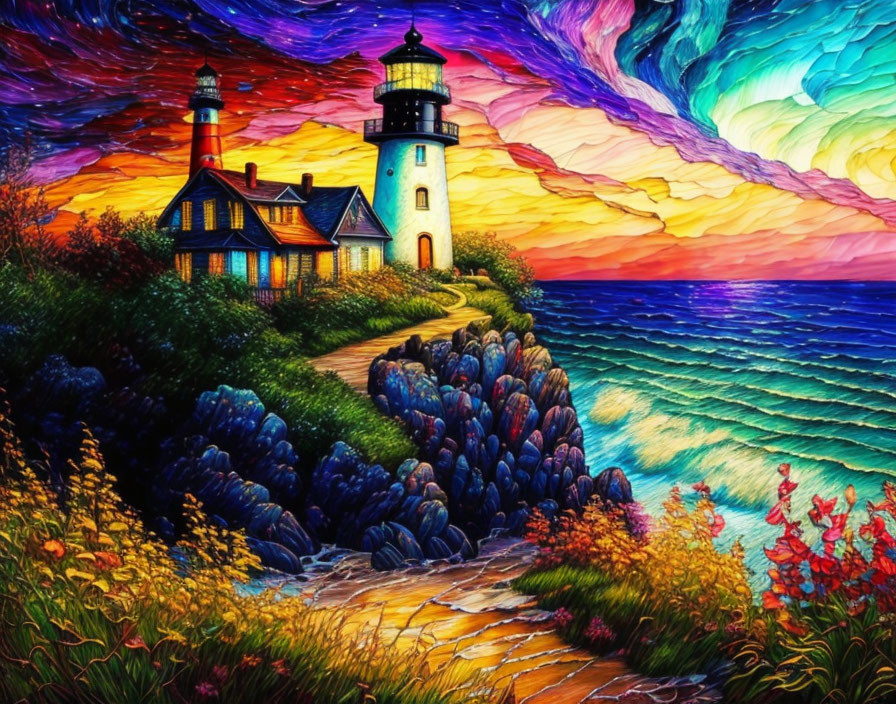 Colorful Sunset Painting: Lighthouse by the Sea with Swirling Sky