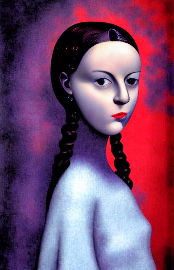 Stylized female figure with pale skin and dark braided hair on red and purple background