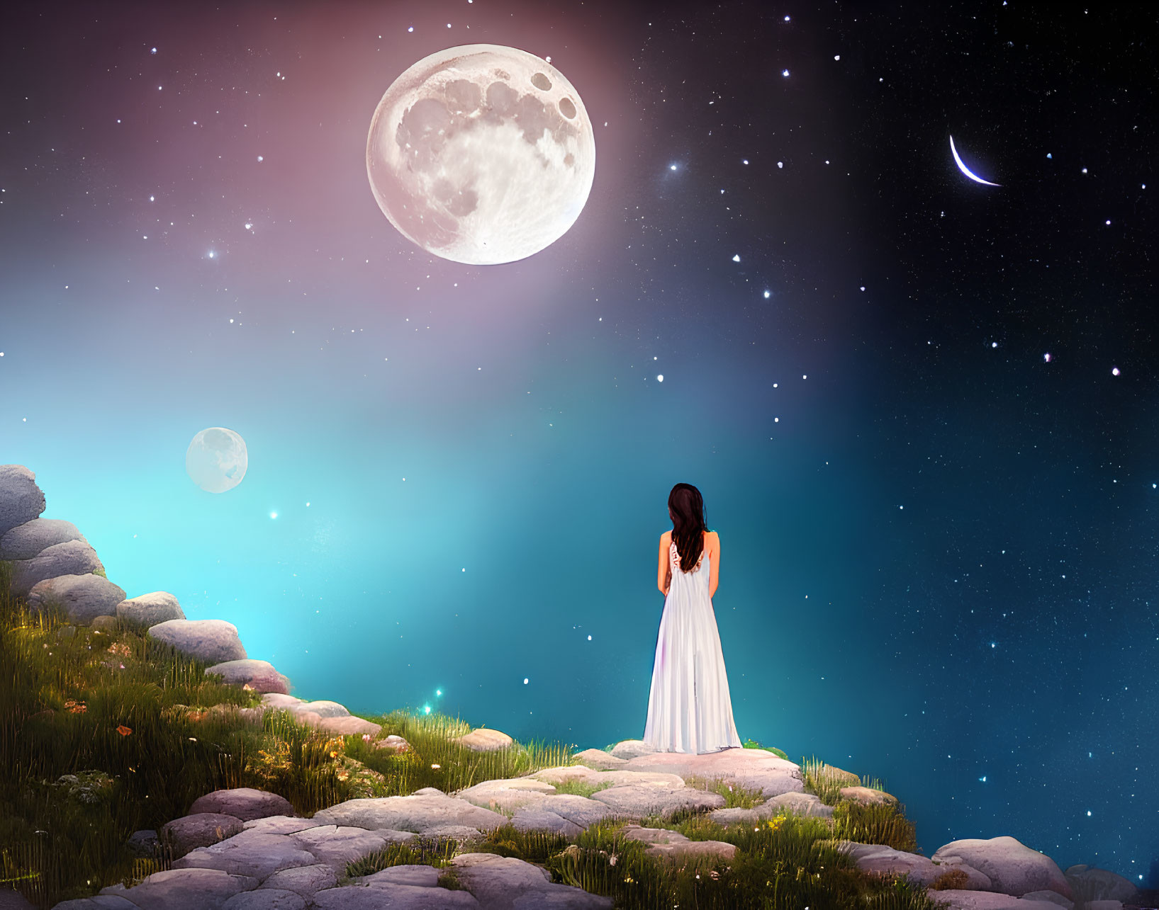 Woman in white dress gazes at moon, stars, and planet on rocky ground