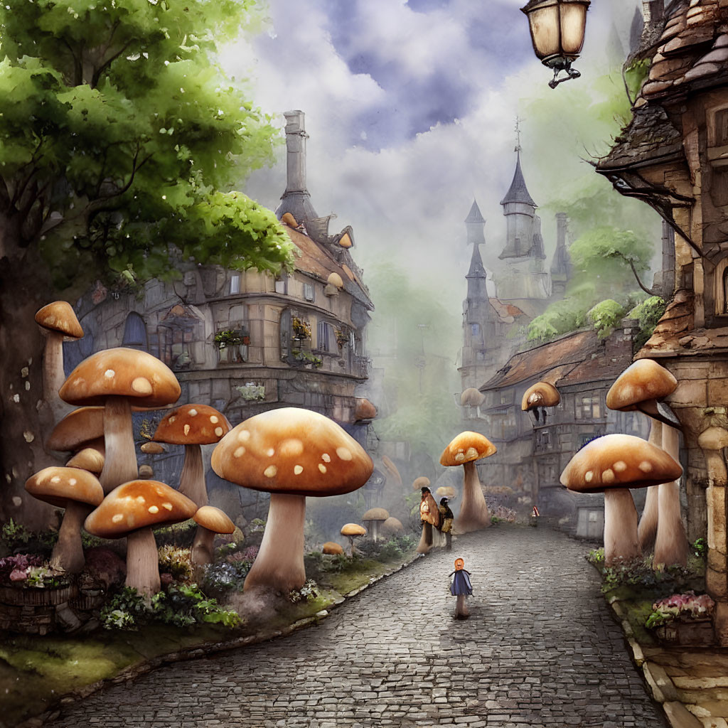 Illustration of cobblestone street in quaint village with oversized mushrooms, stone houses, lanterns,