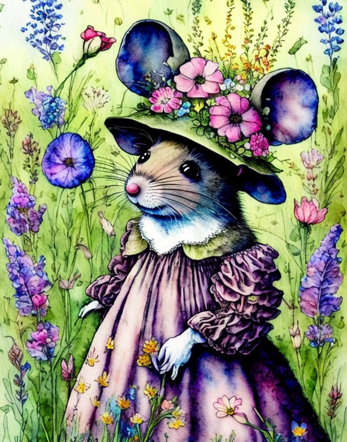 Illustrated Mouse in Purple Dress Among Colorful Wildflowers