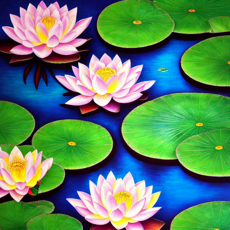 Colorful painting of blooming pink lotus flowers and green lily pads on blue water