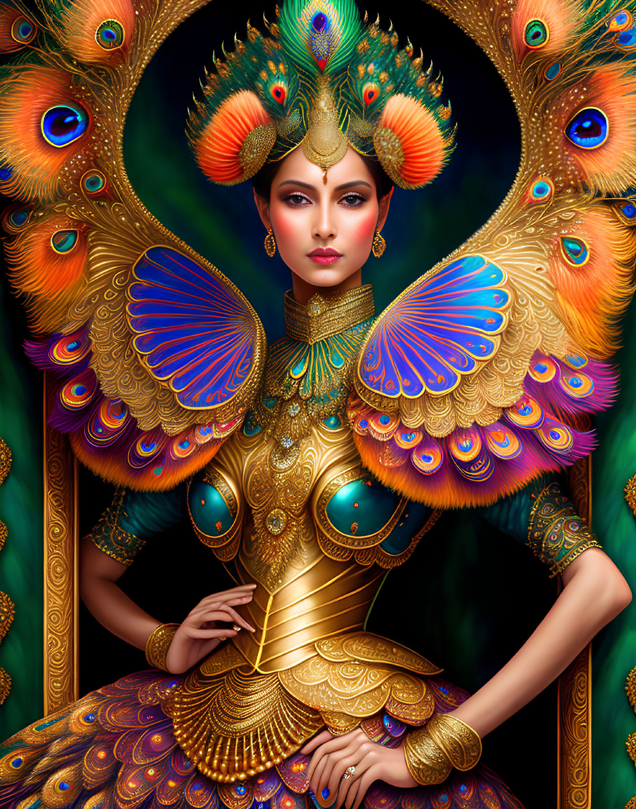 Regal woman in peacock-themed attire on dark background