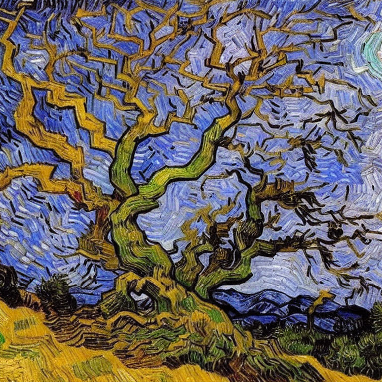 Gnarled tree with blue and yellow swirls in Van Gogh-style artwork